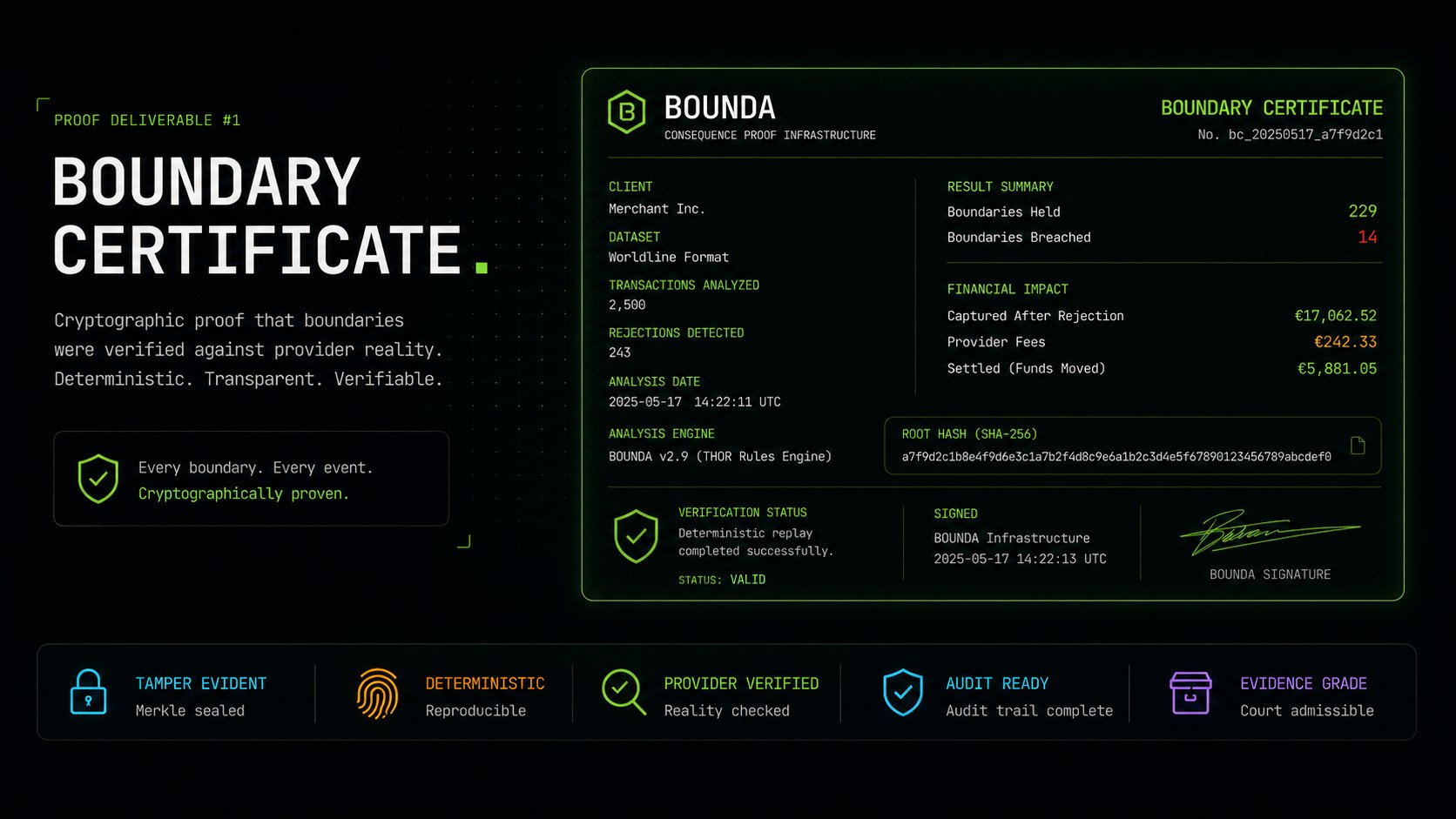 Boundary Certificate — HELD/BREACHED, Merkle hash, verification status, signature